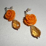 Brincos com rosa mostarda e gotas de cristal boémio, prata 925