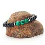 Pulseira masculina de pedra de malaquite com contas de ónix e aço inoxidável