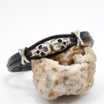Pulseira masculina de couro preto multi-fio com conta dupla de crânio 