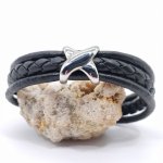 Pulseira de aço inoxidável X para homem em couro preto