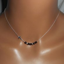 925 colar de gargantilha de prata com cruz e contas de cristal preto