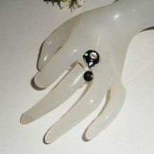Anel original de prata 925 com pérola de trabalho de lâmpada e cristal preto