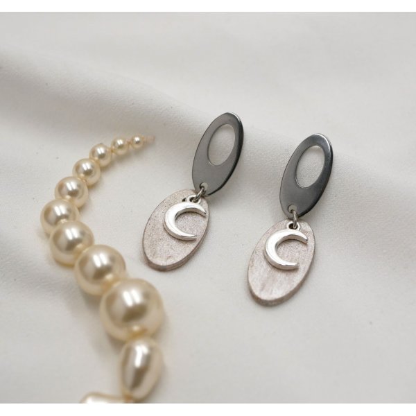 Boucles d'oreilles pendantes g&eacute;om&eacute;triques ovales blanc croissants de lune