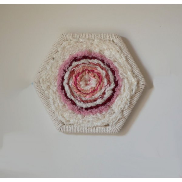 Ensemble de 3 cadres aux tissages en laine rose et blanc