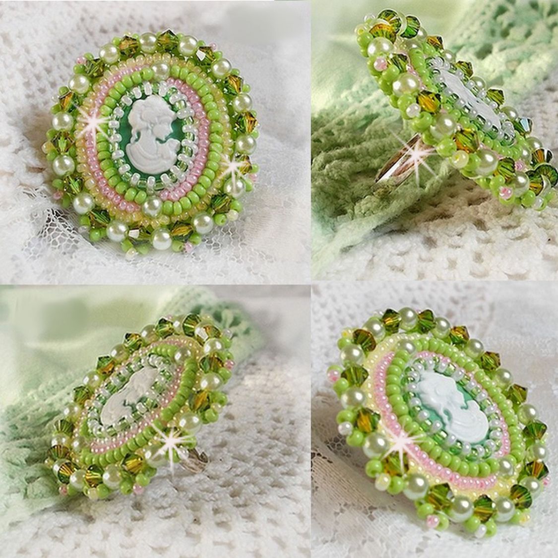 Anisse anel bordado com um retrato de cabochon de resina de uma mulher com rosas e cristais Swarovski