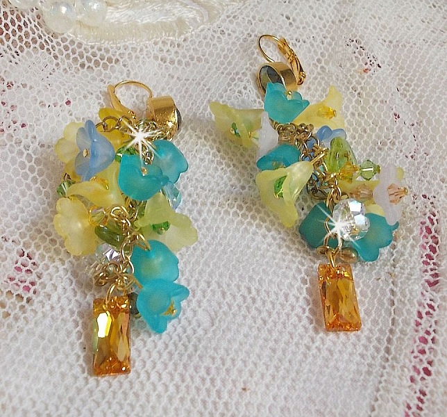 BO Bella Yellow montado com cristais Swarovski, flores foscas e p&eacute;rolas 