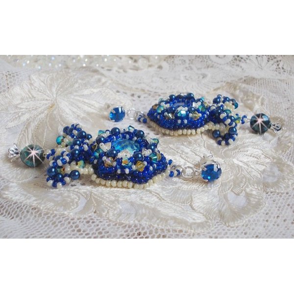 BO Palácio Azul Haute-Couture bordado com cristais Swarovski, pérolas de pérola, carimbos em filigrana e suportes de cabochon de prata 925/1000