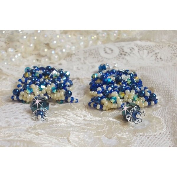BO Palácio Azul Haute-Couture bordado com cristais Swarovski, pérolas de pérola, carimbos em filigrana e suportes de cabochon de prata 925/1000