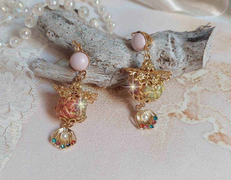 BO Cord&eacute;lia mont&eacute;es avec perles en c&eacute;ramique &eacute;maill&eacute;e, coupelles, estampes et cristaux