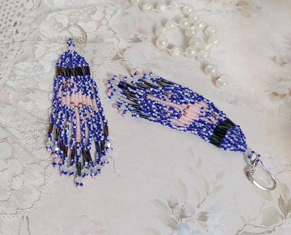 BO Les Flamants Roses et Bleus avec rocailles verre, toupies cristal Swarovski, crochets et attaches argent 925