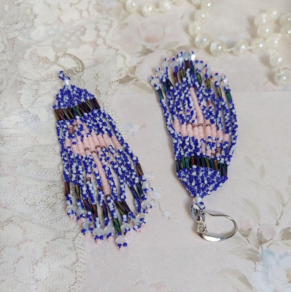 BO Les Flamants Roses et Bleus avec rocailles verre, toupies cristal Swarovski, crochets et attaches argent 925