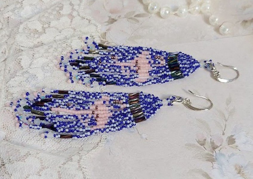 BO Les Flamants Roses et Bleus avec rocailles verre, toupies cristal Swarovski, crochets et attaches argent 925