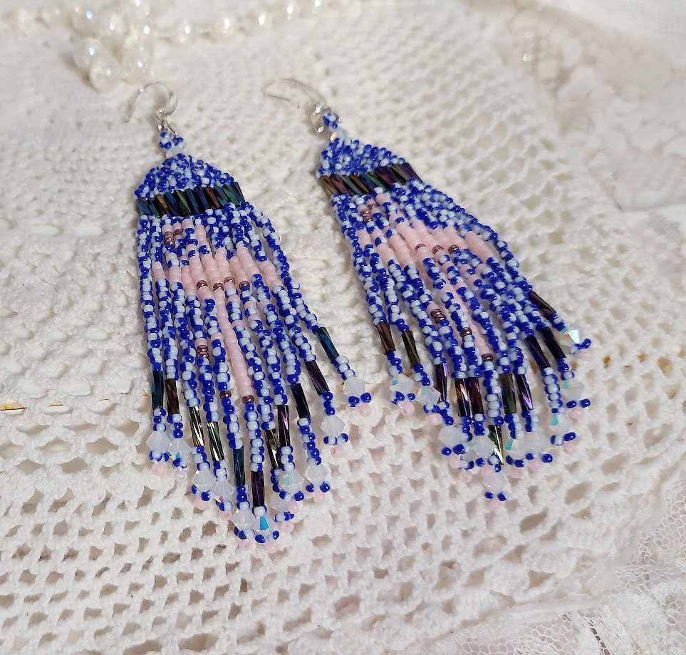 BO Les Flamants Roses et Bleus avec rocailles verre, toupies cristal Swarovski, crochets et attaches argent 925