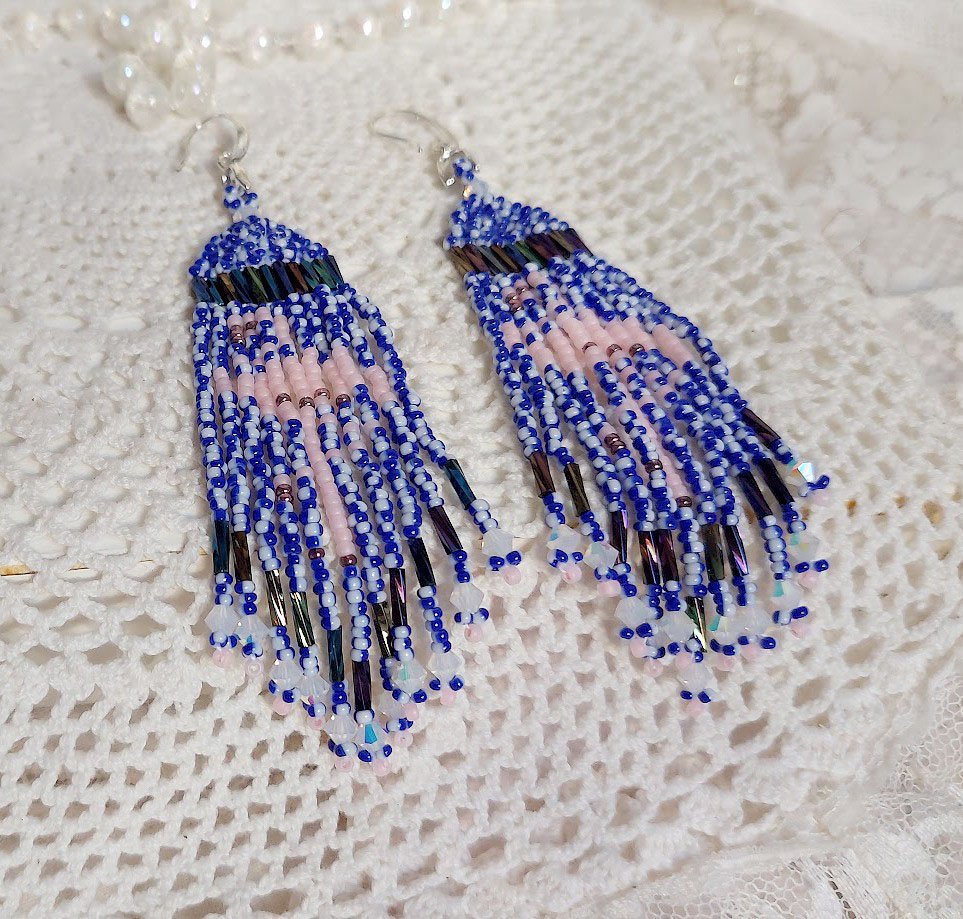 BO Les Flamants Roses et Bleus avec rocailles verre, toupies cristal Swarovski, crochets et attaches argent 925