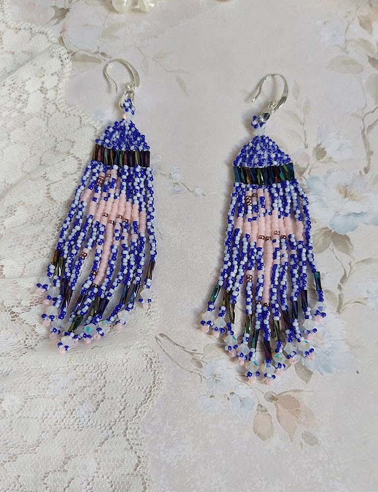 BO Les Flamants Roses et Bleus avec rocailles verre, toupies cristal Swarovski, crochets et attaches argent 925