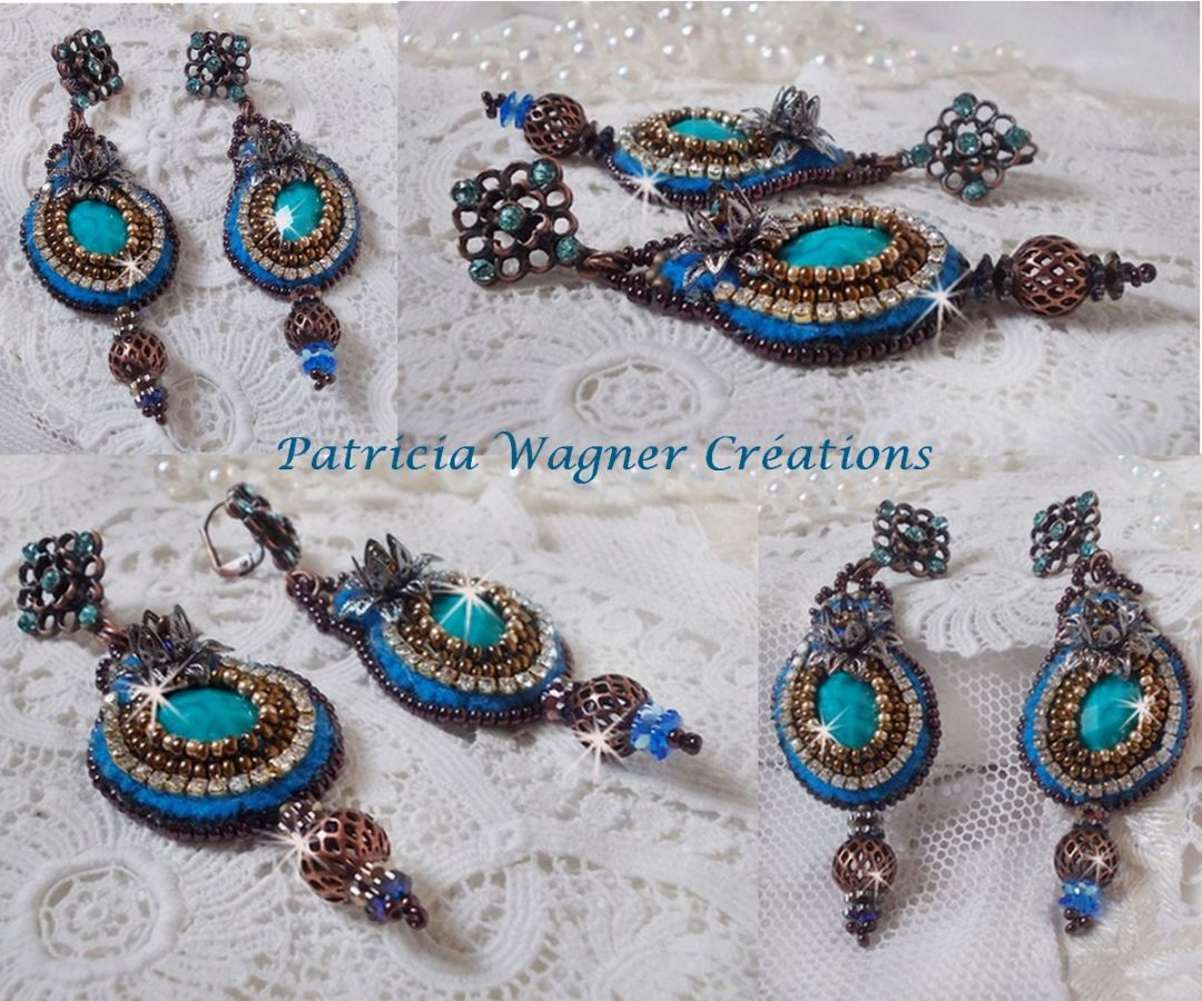 BO Ilycia Charmoso bordado com dois cabochons de face verde turquesa e cristais Swarovski