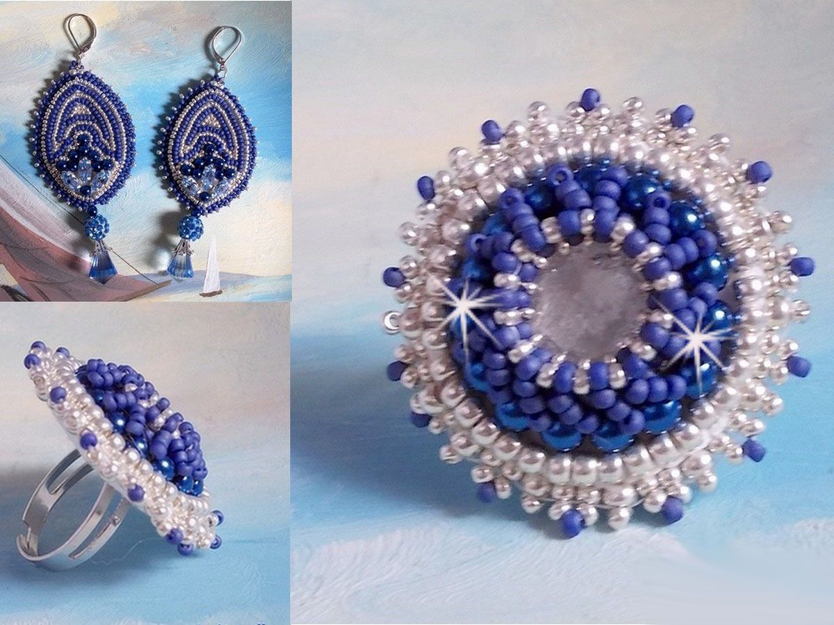 BO Azul marinho bordado com cristais Swarovski, contas de vidro redondas e contas de sementes Miyuki