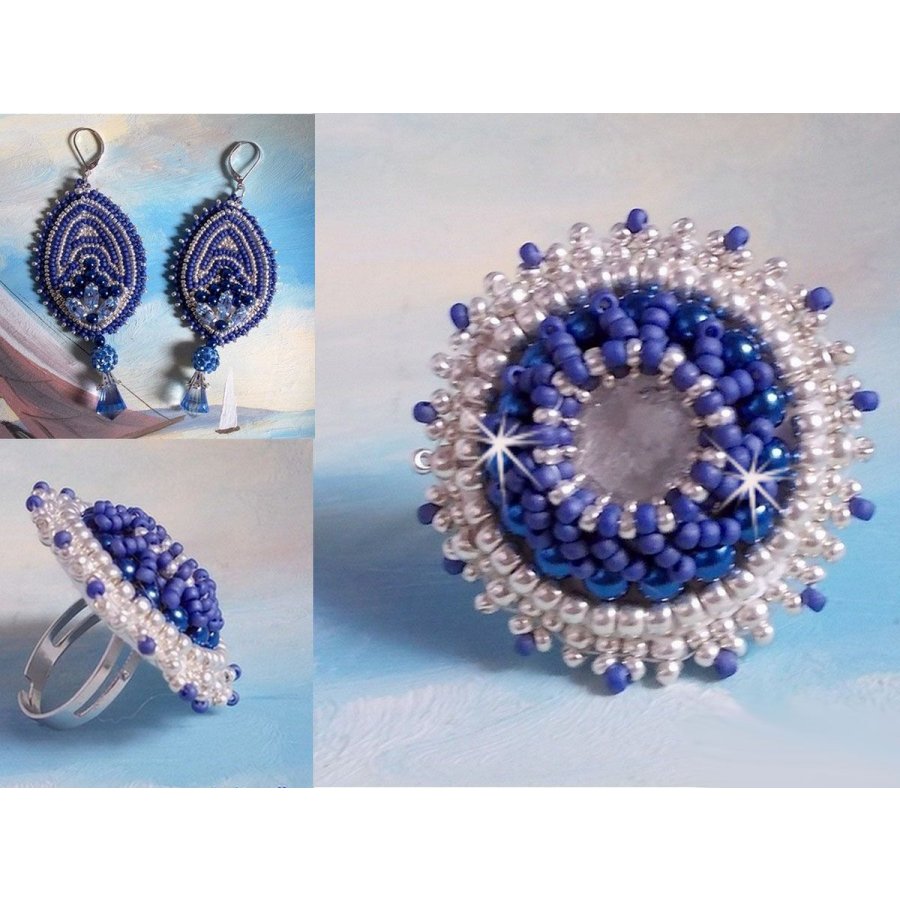 BO Azul marinho bordado com cristais Swarovski, contas de vidro redondas e contas de sementes Miyuki