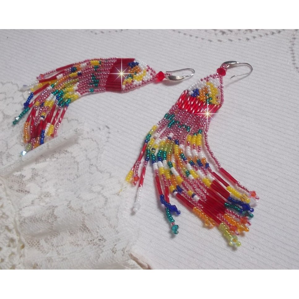 BO Soleil des Tropiques aux rocailles et tubes en Verre, toupies en cristal et crochets d'oreilles en argent 925/1000