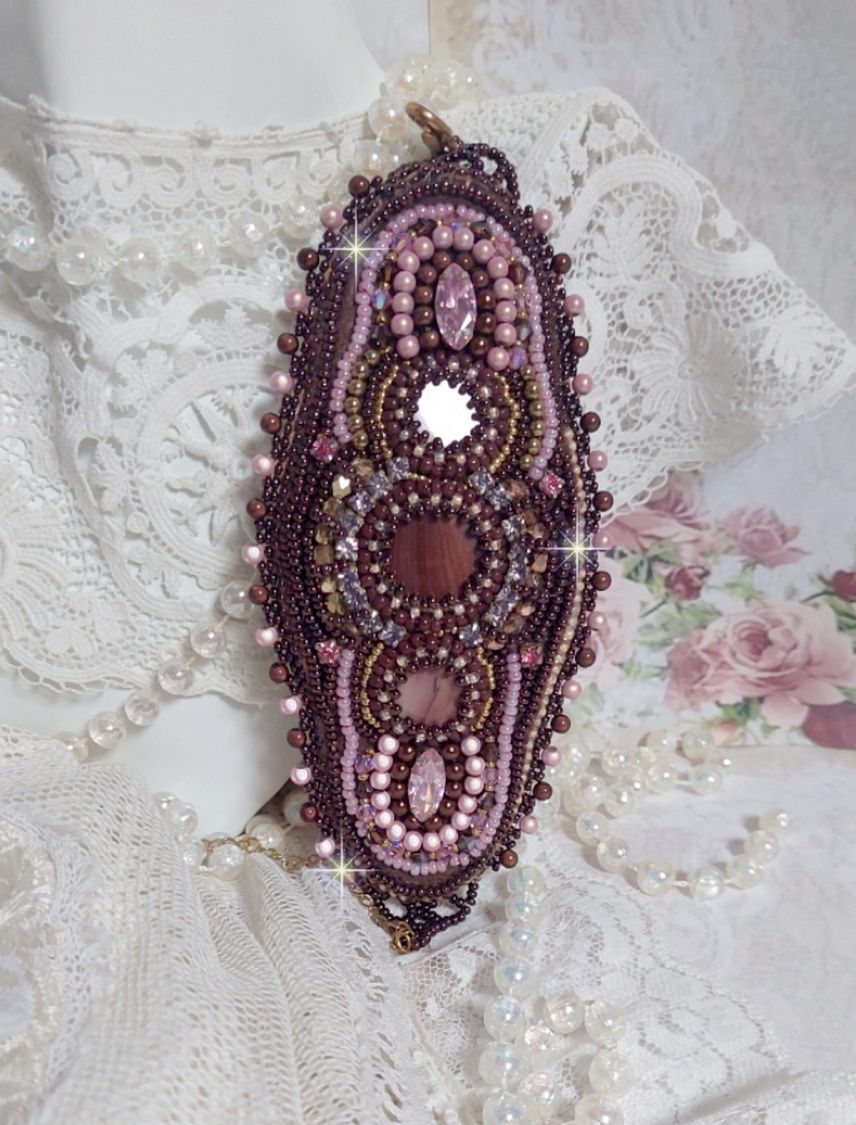 Pulseira de punho romance bordada com pérolas de mogno estilo vintage e pérolas de sementes