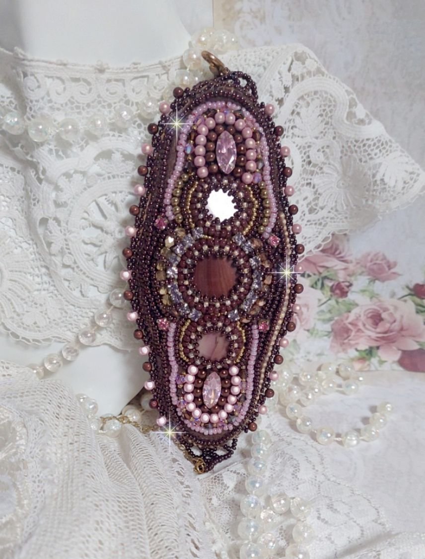 Pulseira de punho romance bordada com pérolas de mogno estilo vintage e pérolas de sementes