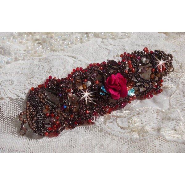 Belle Hélène bracelete em contas de sementes, flor de tecido, contas de pedra preciosa (calcita amarela/branca) e contas de sementes