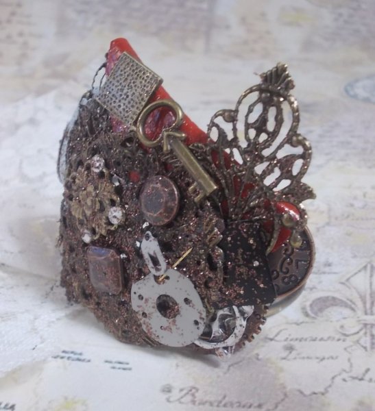 Pulseira Navigating Shadow criada com couro de conhaque, flor de tecido, Bronze, Cobre, Acess&oacute;rios pretos com encanto