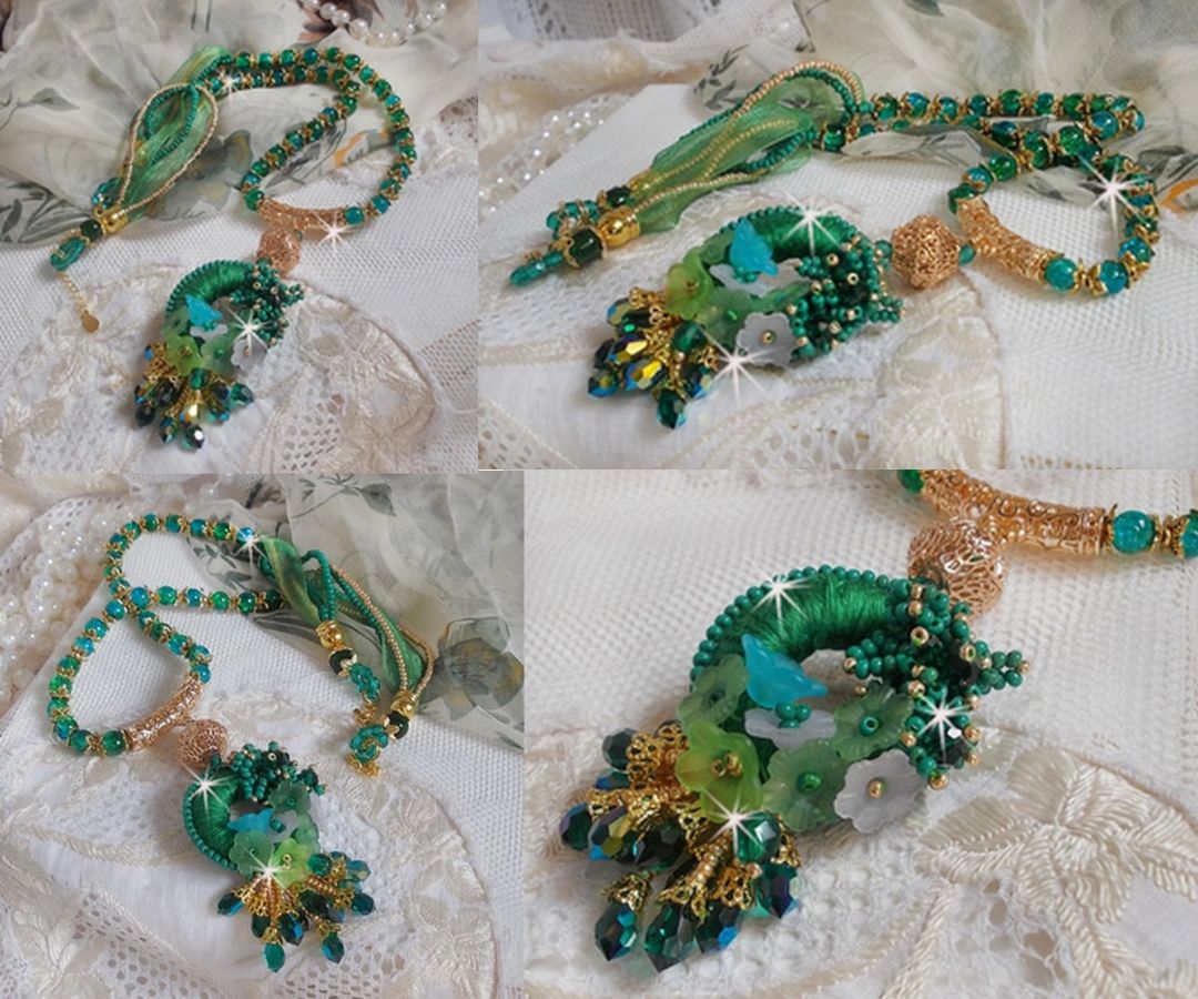 Colar Iris verde bordado com algodão DMC verde esmeralda, cristais Swarovski, contas de resina e contas de sementes