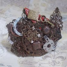 Pulseira Navigating Shadow criada com couro de conhaque, flor de tecido, Bronze, Cobre, Acessórios pretos com encanto