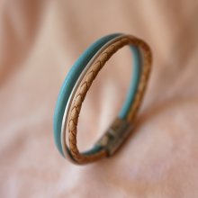 Pulseira de punho em pele bege e turquesa