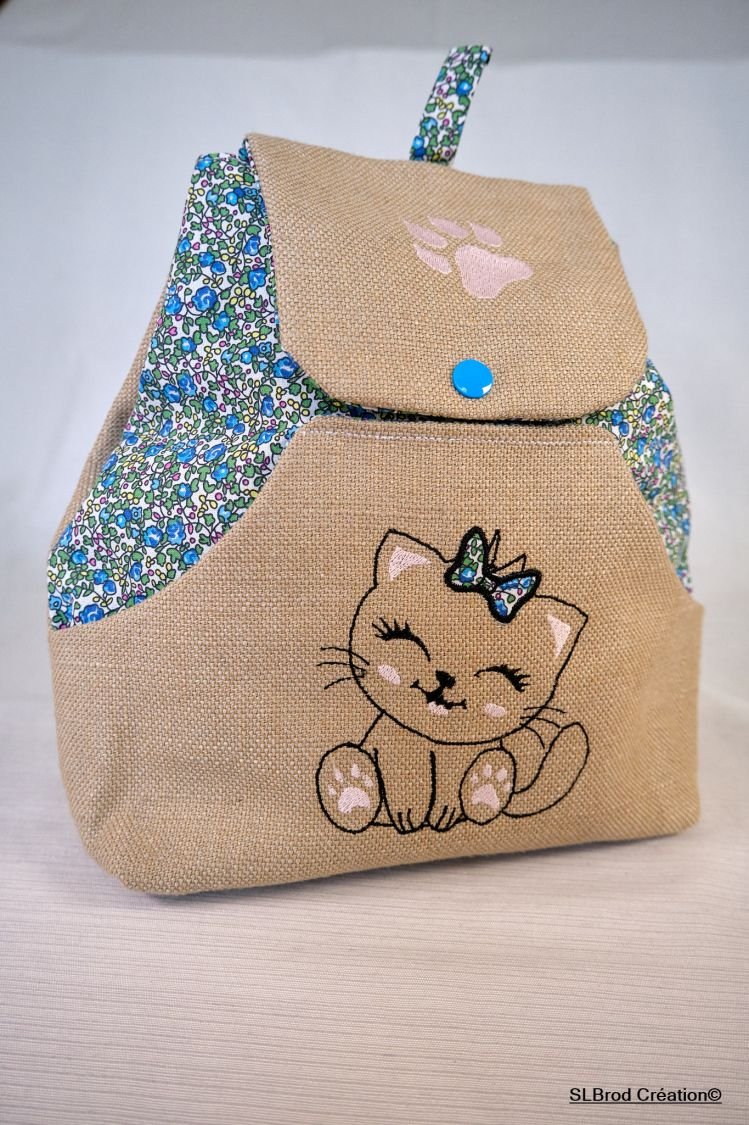 Mochila de criança bordada, gatinho personalizável