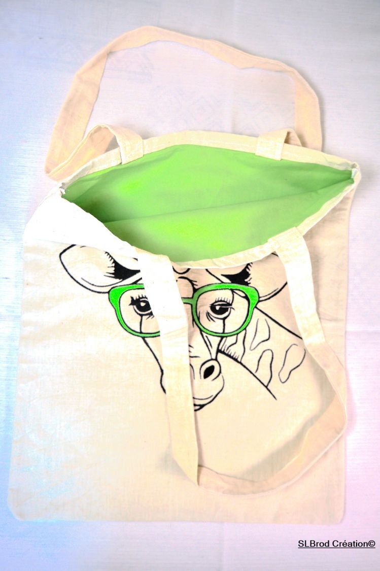 Tote Bag girafa verde bordado óculos personalizáveis