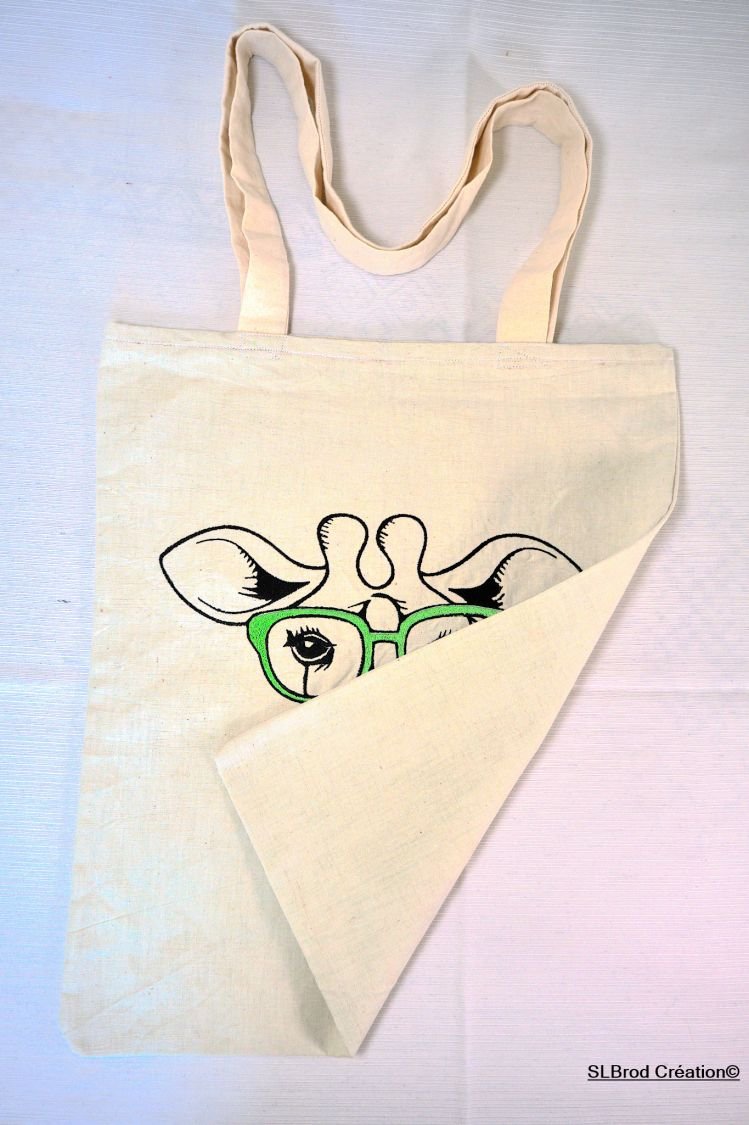 Tote Bag girafa verde bordado óculos personalizáveis