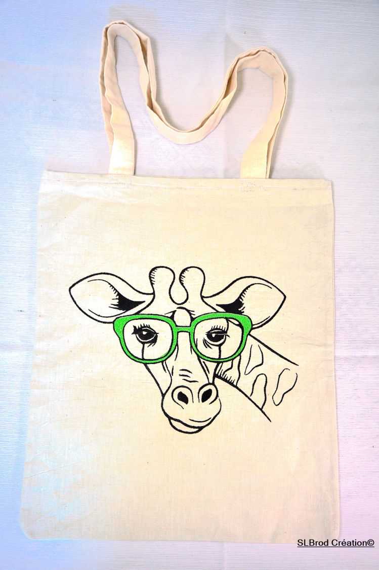 Tote Bag girafa verde bordado óculos personalizáveis